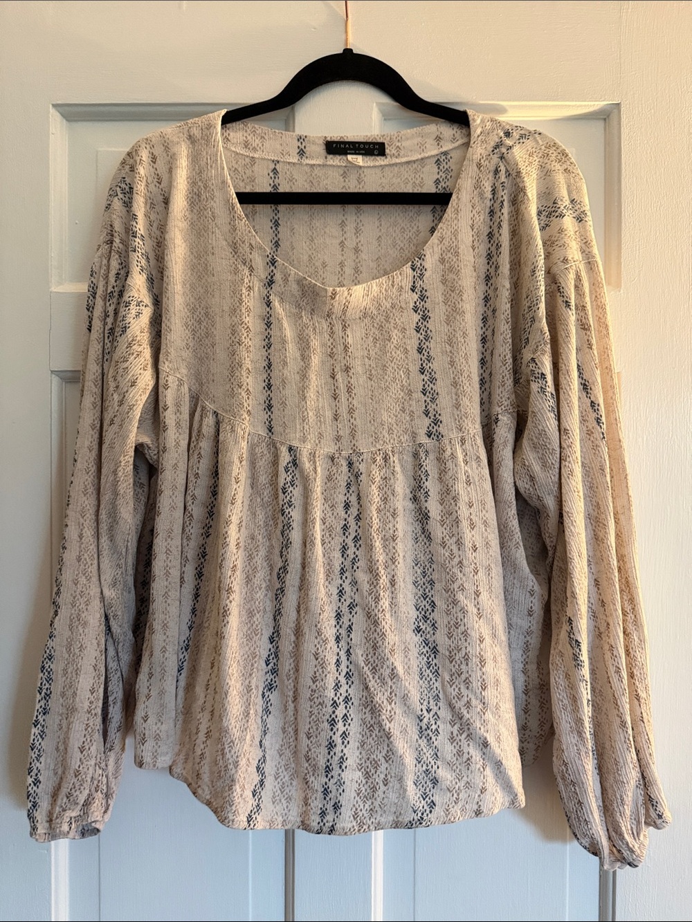 Final Touch Cream and Blue Printed Peasant Top